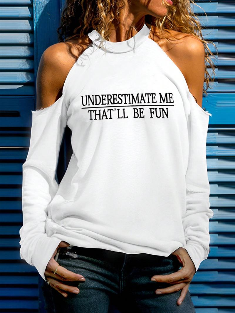 Women's Letter Print Cold Shoulder Tee, Casual Long Sleeve T-shirt for Daily Wear, Ladies Clothes for All Seasons