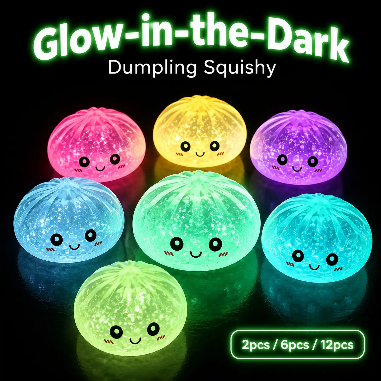 2/6/12pcs Expressive Glow-in-the-Dark Dumpling Squishy Blind Box, Elastic TPR Sensory Toy, Random Patterns for Unboxing Fun, Anxiety Calming Squeeze Toy, Trendy Friendship Gift for Kids Teens, Lovely Valentine Easter Decor Gift