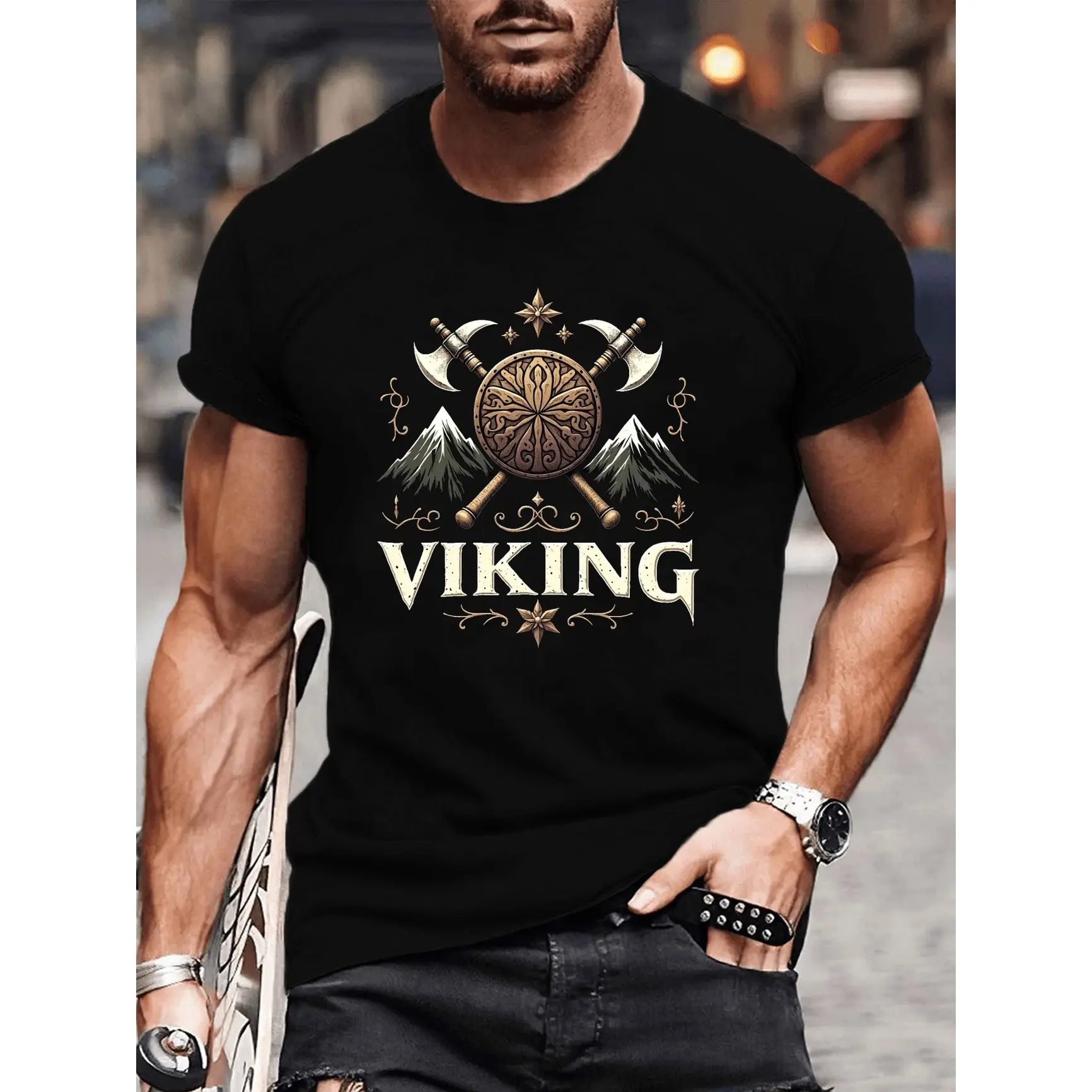 Unisex Crew Neck Short Sleeve T-Shirt, Viking Axe Shield Mountain Graphic Printed Craft Tee, Loose Fit Soft Breathable Casual Top, Trendy SummerVibes Retro Warrior Apparel, Lightweight Comfort Daily Streetwear Shirt For Outdoor Adventure And Casual Daily