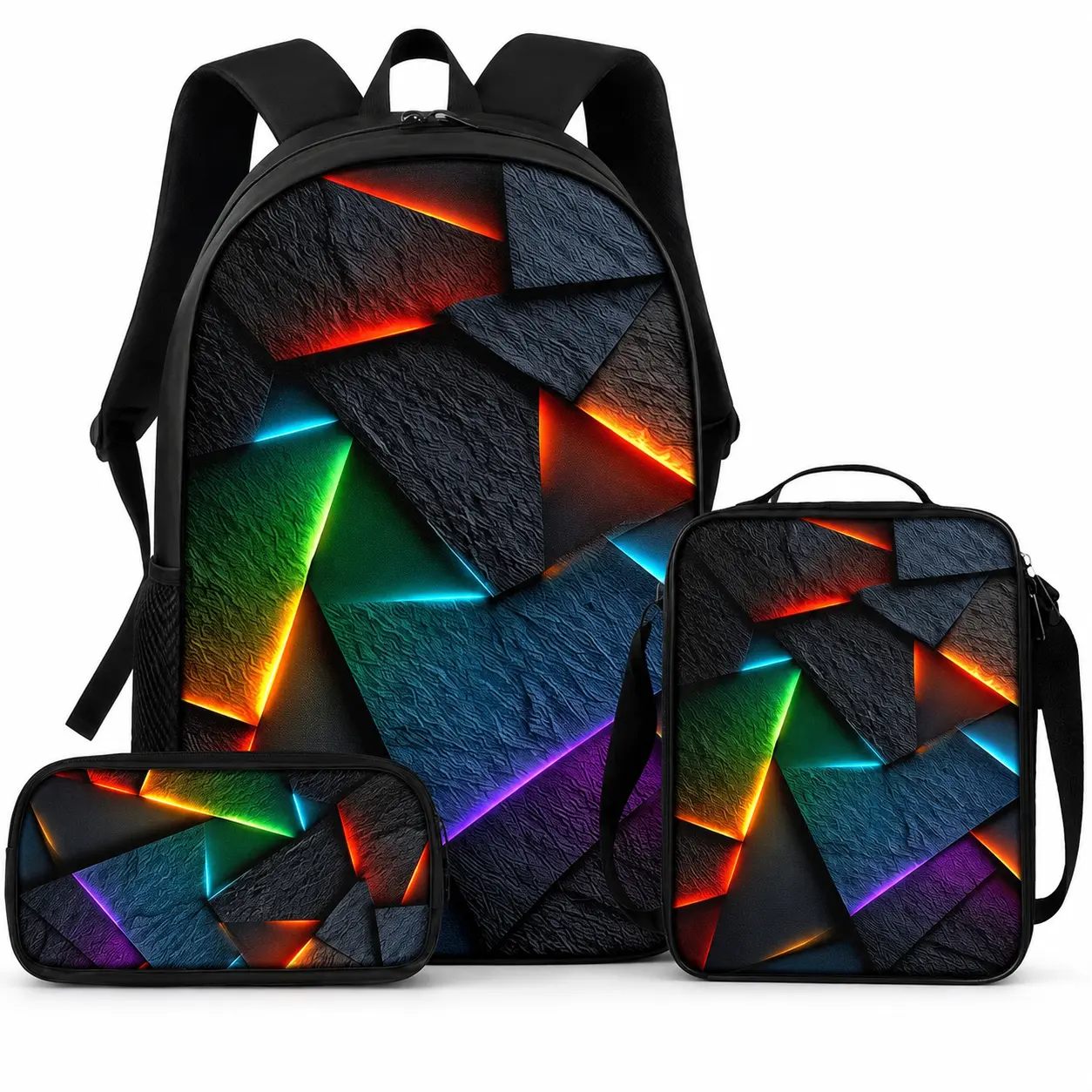 3PCS Kids Neon Geometric Backpack Set, Colorful Abstract Graphic School Bag Set with Backpack, Lunch Bag and Pencil Case, Cool Student Bookbag for Boys Girls, Matching Back to School Gift Set,back-to-school style