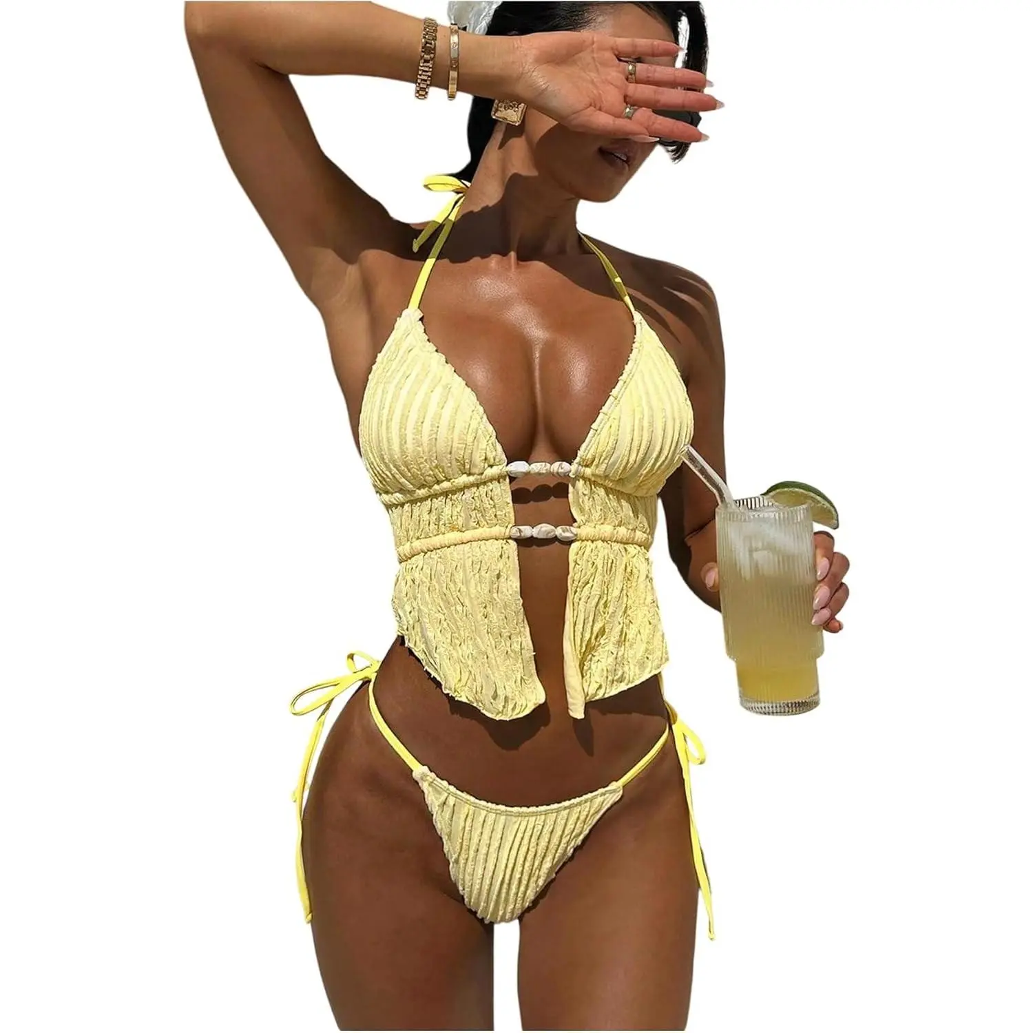Women's 2 Piece Boho Polka Dots Beaded Bikini Sets Halter Swimsuits Textured Tie Side Bathing Suit