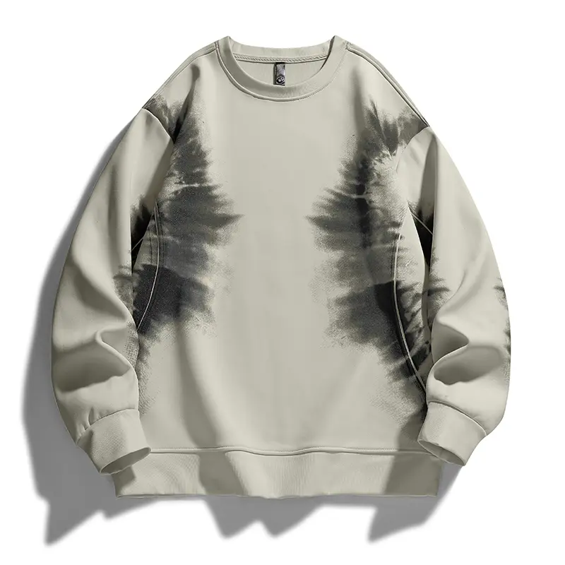 Crew Neck Sweatshirt, Symmetric Black Ink Splash Gradient Print On Raglan Side Seams, Ribbed Cuffs And Bottom Hem, Oversized Loose Fit, Soft Brushed Fleece Knit Fabric, Minimalist Artistic Casual Pullover Sweatshirt # SummerWins