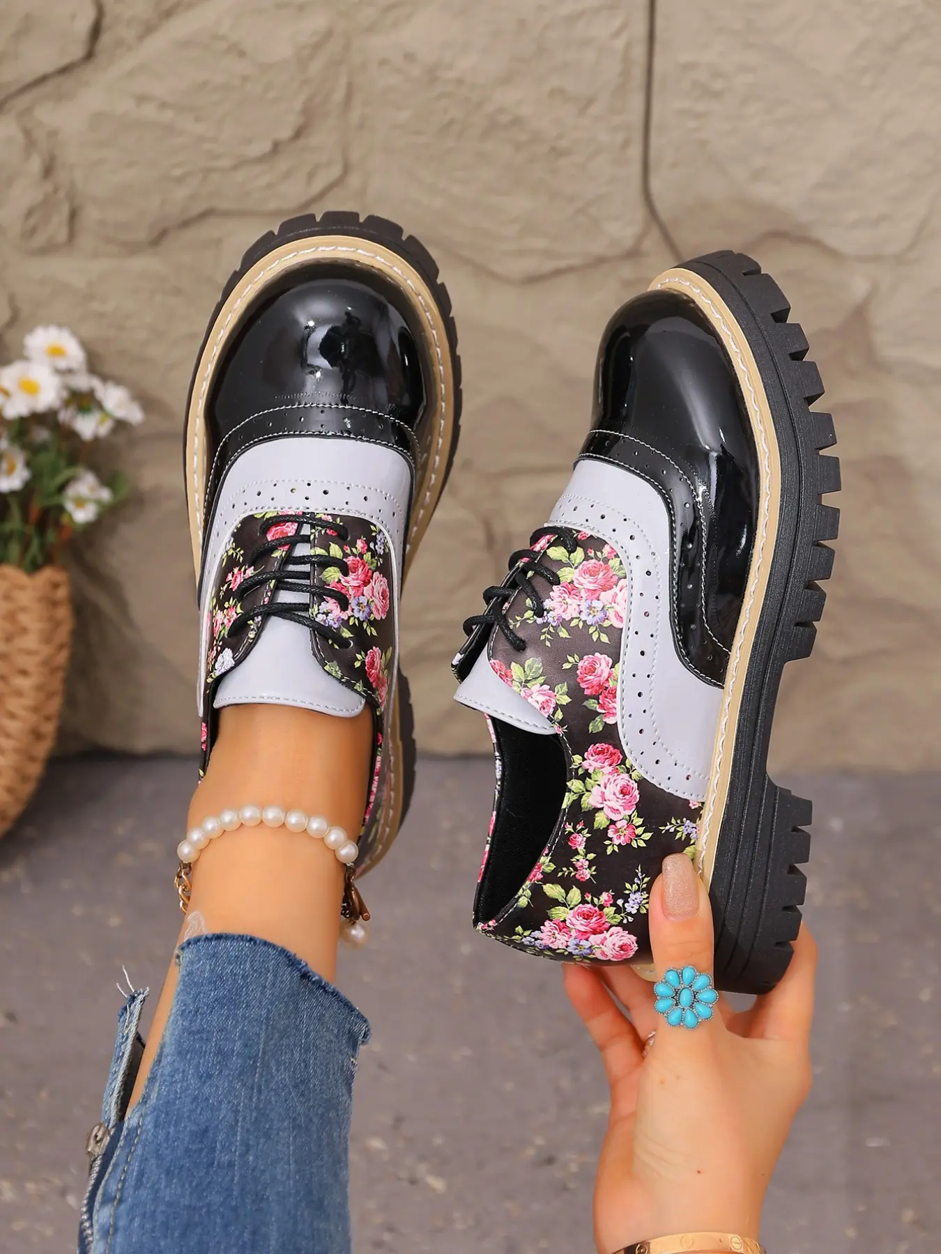 Vintage Patchwork Floral Block Heel Women's Shoes, Bright Leather & Matte Colorblock, Thick Anti-Slip Rubber Sole, Comfortable All-Season Footwear
