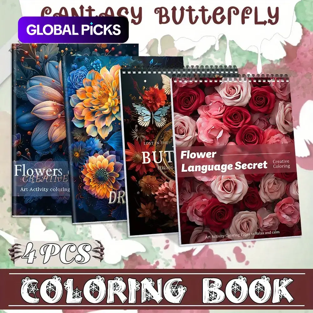 4pcs Adult Coloring Book Set, Illustrated, Creative Art Activity Coloring for Art Lovers, Flower World, Vivid Themes, Designs for Mindfulness & Leisure, Beginner-Friendly, Thick Paper, Spiral Bound & Saddle Stitch, Gift Idea for Christmas, Valentine's Day