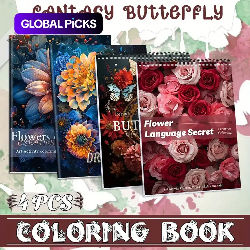 4pcs Adult Coloring Book Set, Creative Art Activity for Art Lovers, Flower & Butterfly World, Vivid Themes, Designs for Mindfulness & Leisure, Beginner-Friendly, Thick-Paper, Spiral Bound & Saddle Stitch, Gift Idea #GLOBAL PICKS