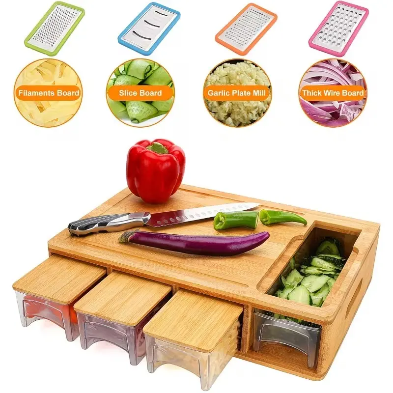 Bamboo Cutting Board with Storage Drawer, Juice Groove & Cheese Grater, Easy Grip Handle, Durable Chopping Board for Meat Veggies Cheese, Kitchen Cutting Board, Cutting Boards for Kitchen