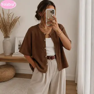 Round Neck Short Sleeve Knit Cardigan Soft Lightweight Breathable Knitwear Single Button Cropped Outerwear Minimalist Commuter Versatile Top Lazy Relaxed Casual Women’S Wear