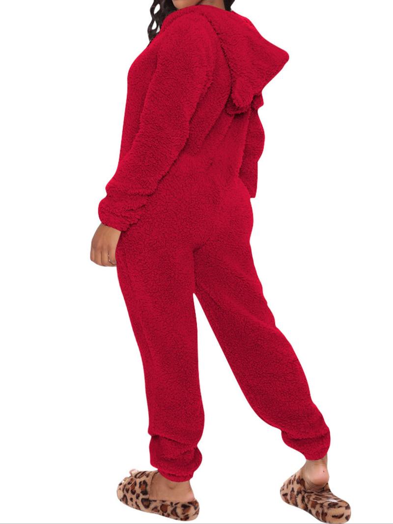 Women's Solid Zipper Hooded Plush Pajama Jumpsuit, Casual Long Sleeve Teddy Bear Ear Design Jumpsuit for Fall & Winter, Women's Sleepwear for Indoor Wear, Fluffy Lady Pajamas
