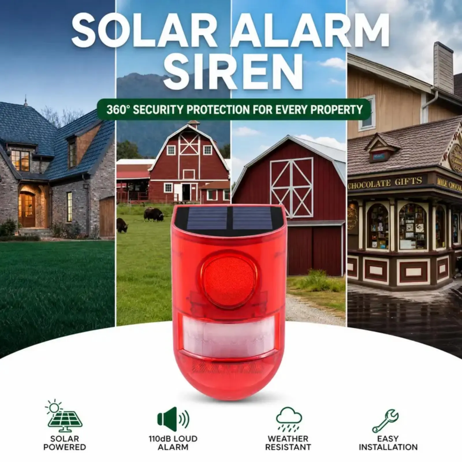 Solar Motion Sensor Security Alarm, 129dB Outdoor Siren with Flashing Red & Blue LED Strobes, IP55 Waterproof, Smart Motion Tracking for Home, Farm & Yard