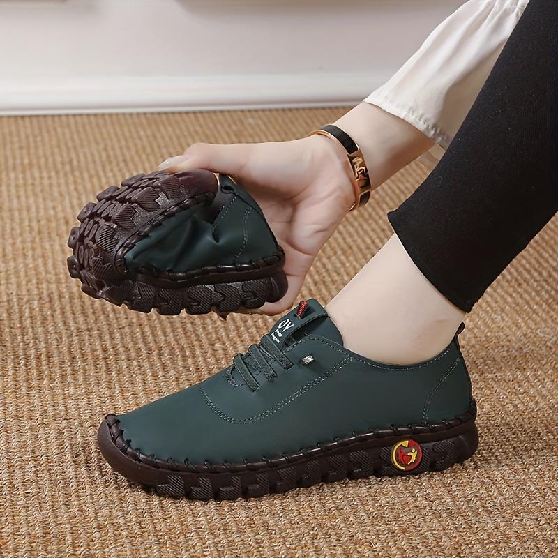 Womens Fashionable Handmade Flat Sneakers - Solid Color, Round Toe Faux Leather - Comfortable Casual Walking Shoes Everyday Style Footwear Training Girl Closed Athletic Trainer Runner Running Rubber Black