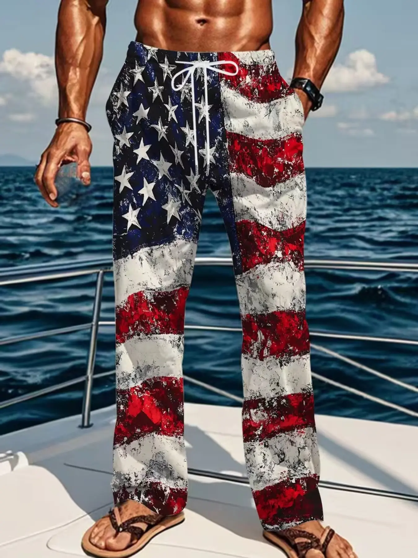 American Flag Print Men's Wide Leg Long Pants, Drawstring Waist, Casual Patriotic Style, Fall Season, Slim-Fitting, All over Print