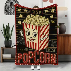 Vintage Movie-Themed Flannel Blanket With Popcorn Design Red & White Striped, Fresh Popcorn Print, Perfect For Home Theater Decor & Cozy Use, All-Season Comfort, Machine Washable Polyester Fabric