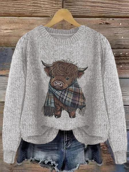 Women's Cartoon Animal Print Round Neck Sweater, Casual Long Sleeve Crew Neck Jumper for Fall & Winter, Fashion Women's Knitwear for Daily Wear, Tops