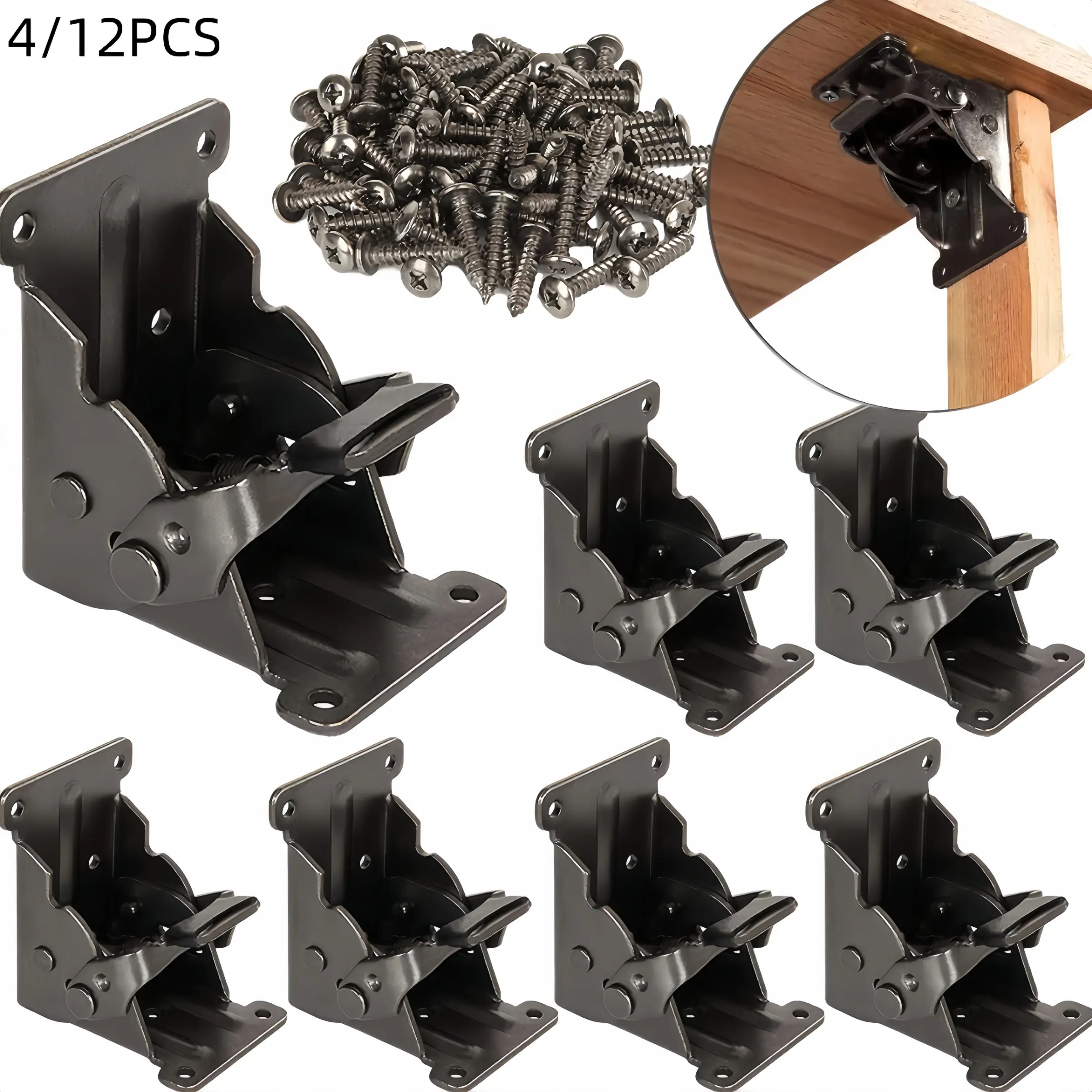 4/12 pieces of folding hinge bracket, 0-90 degree folding table leg bracket, heavy-duty locking extension support bracket, black folding self-locking hinge (with screws), suitable for table legs, chair legs and bed legs, Metal Brackets, Hardware