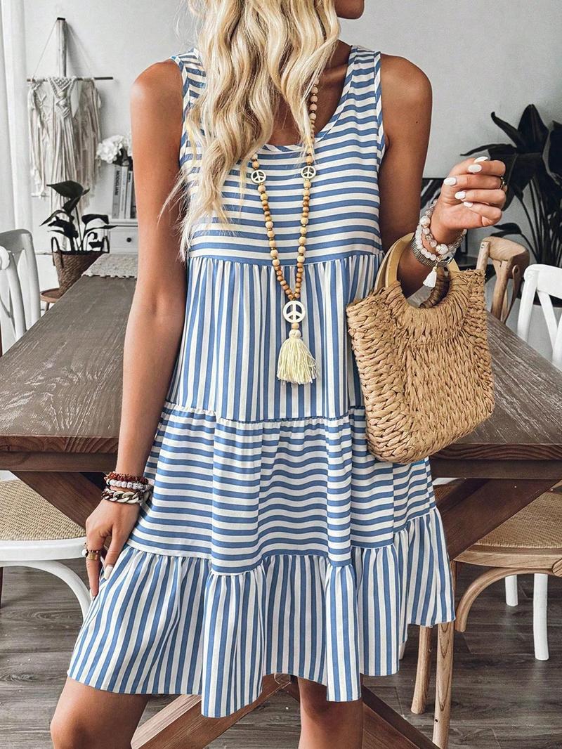Women's Striped Print Ruffle Hem Tank Dress Sleeveless Short Dress for Summer, Ladies Boho Chic Dress Clothes for Daily Wear