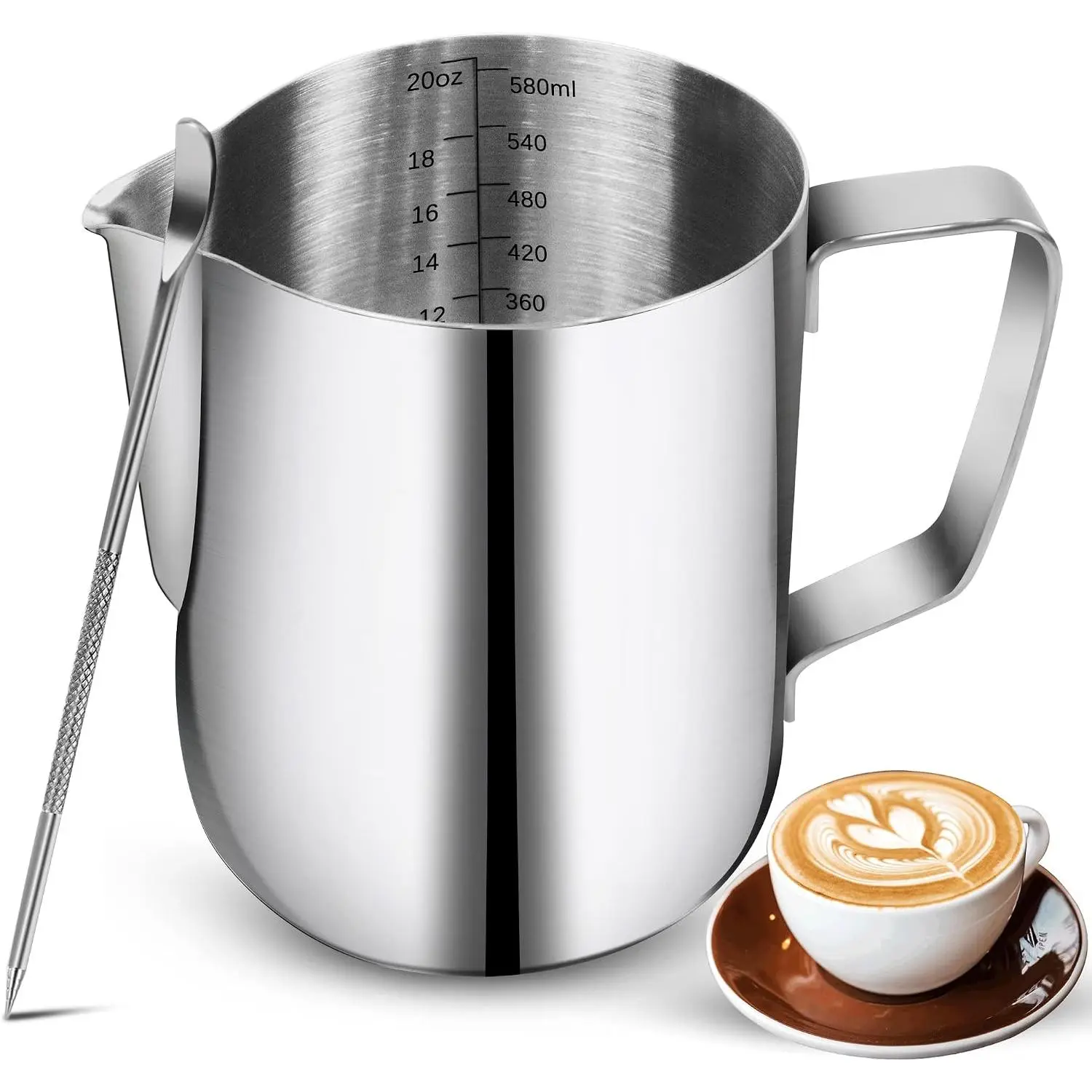 Milk Frothing Pitchers 20 oz, Stainless Steel Espresso Steaming Pitcher with Decorating Pen Coffee Milk Frother Cup with Scale Cappuccino Latte Art Barista Steam Pitchers Milk Frother Cup
