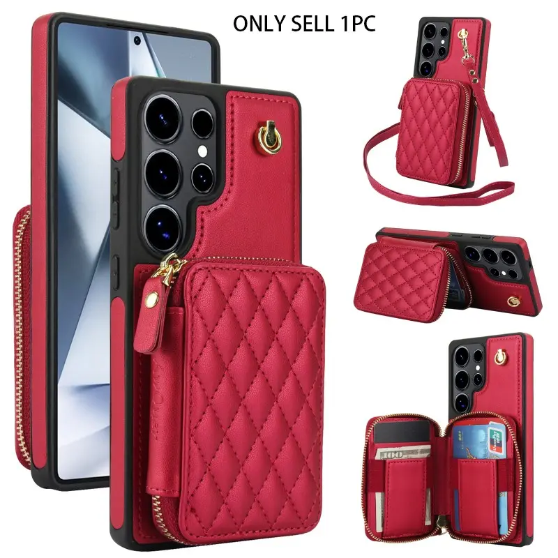 PU leather three-dimensional diamond pattern suitable for Samsung Galaxy S26Ultra S25/S23Ultra Plus FE crossbody wallet phone case, Smartphone Casing Protector, RFID shielding, zipper handbag, flip cover protective case, card slot, wristband rope