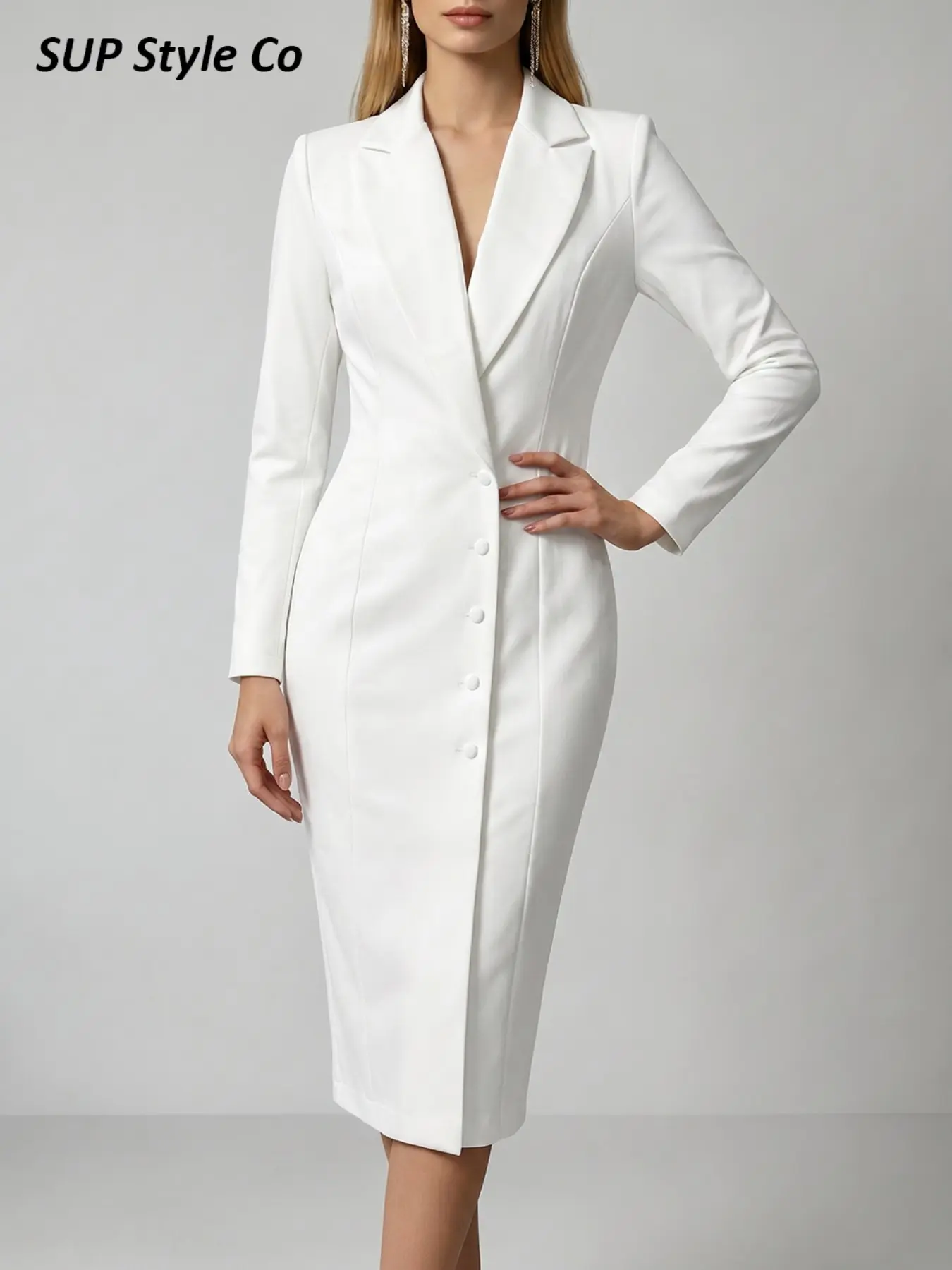 Elegant Waist-Cropped Formal Blazer Dress for Women, Long Sleeve Single Button Deep V Midi Dress, Suitable for Spring Autumn Office and High-End Social Events