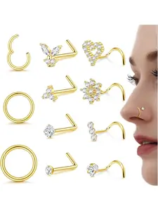 Nose Studs Nose Rings 18G 20G Nose Rings Studs Gold Small Nose Studs - L Shaped Corkscrew Hoop Nose Ring - CZ Butterfly Heart Flower 316L Surgical Steel Tiny Nostril Nose Piercing Jewelry for Women Men 11Pcs