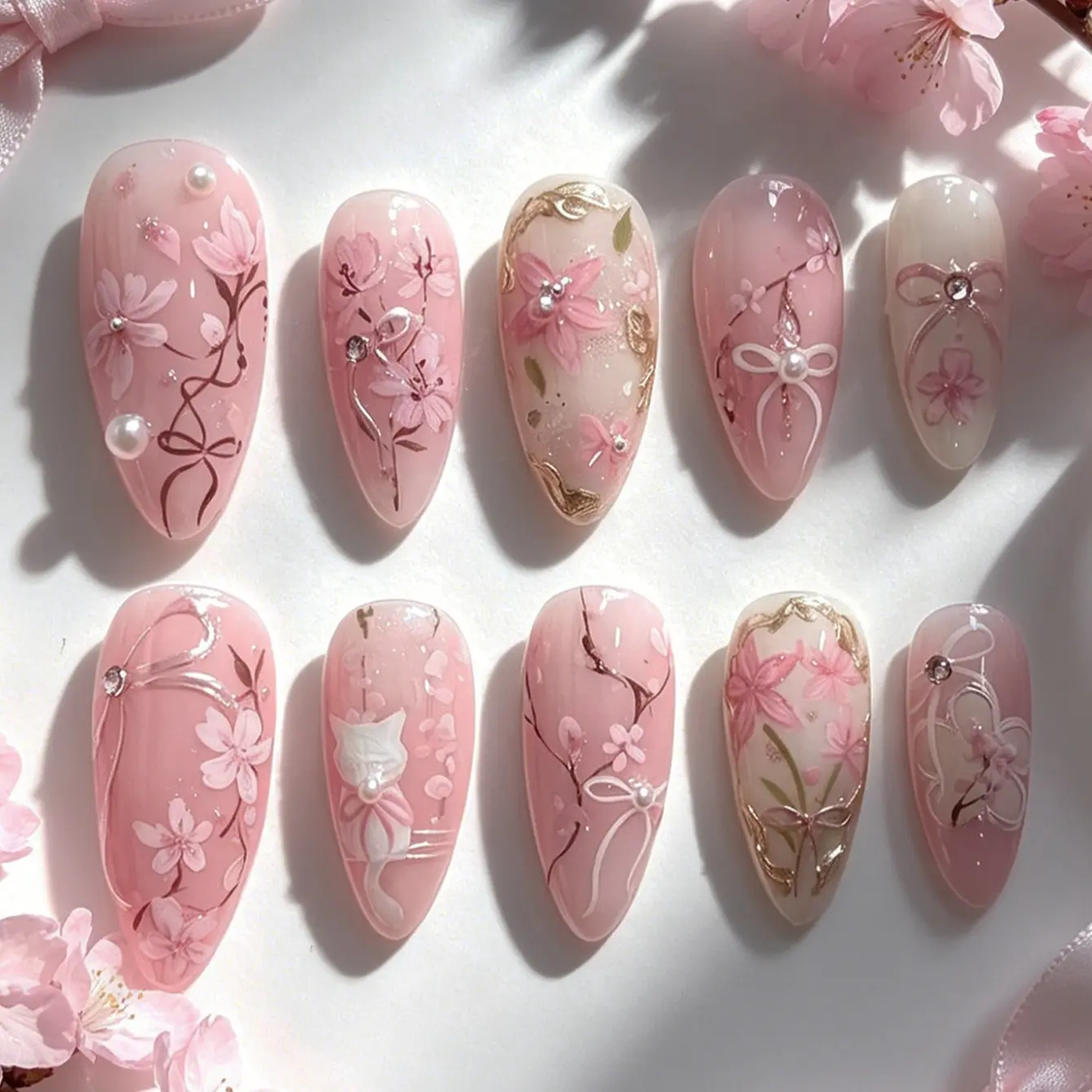 30 Pcs Cherry Blossom Cat Press on Nails, Almond Shape Bow Pearl Rhinestone, Reusable Nail Tips for Women, XS S M Sizes