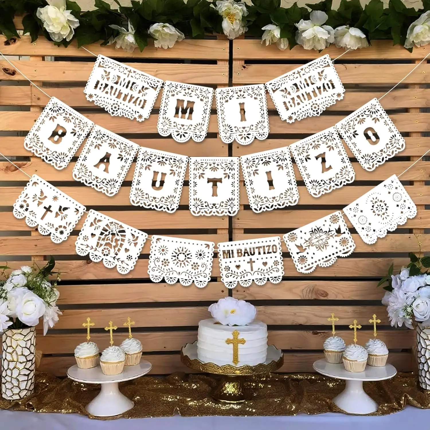 Mi Bautizo Banner - Mi Bautizo Baptism Decorations Baptism Banner God Bless Latin Vibes Papel Picado White Garland for Religious Decor Photo Props First Communion Party Supplies