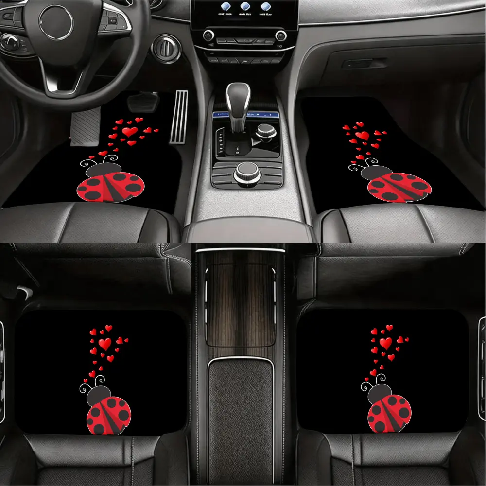 Cute Car Floor Mats, Ladybug Heart Pattern, Non-Slip Rubber Backing, Universal Fit For Women Girls, 4 Piece Set