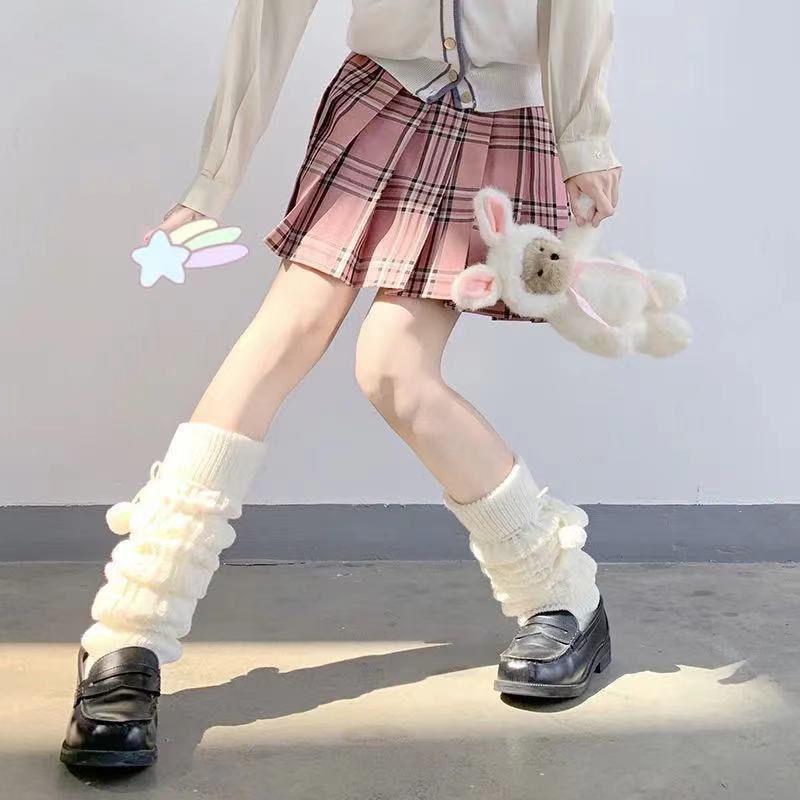 KOSAHIKI Japanese Lolita Sweet Girl Leg Warmer Knit Socks Wool Ball Knitted Foot Cover Cosplay Women Autumn Winter Punk Sock