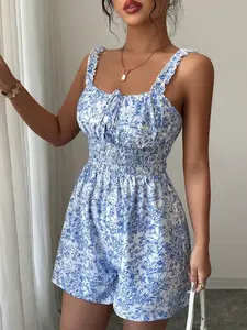 Women's  Floral Print Romper, Square Neck, Ruffled Shoulder Straps, Front Tie Detail, Smocked Waist, Wide Leg Shorts, Lightweight Breathable Woven Fabric, Summer Daily Casual Vacation Beach Date Wear, French Romantic Sweet Style