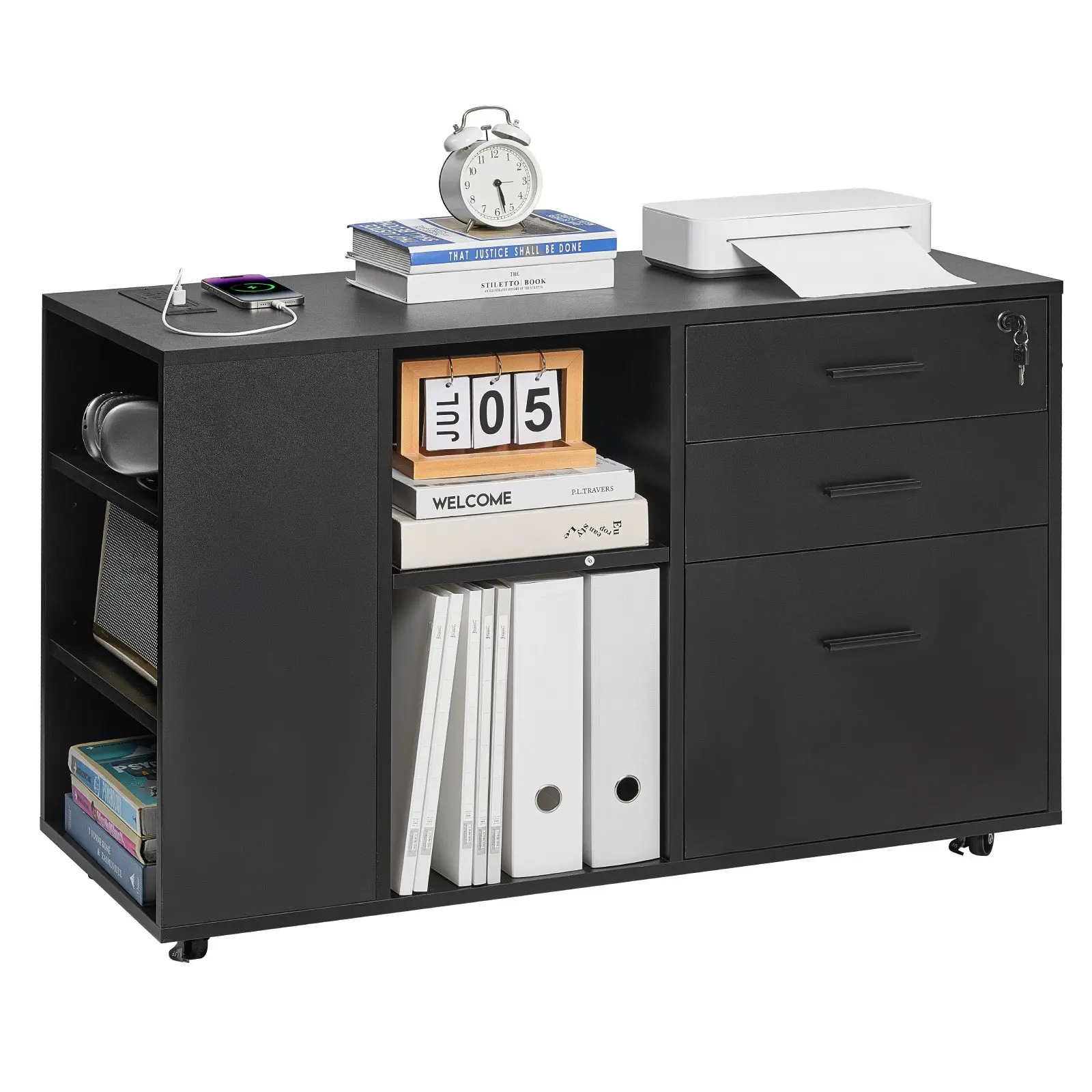 VEVOR Rectangular Particleboard 3-Drawer Wooden File Cabinet, Mobile Lockable Filing Cabinet with Powerstrip, Castor Wheels & Adjustable Shelves, Floor Standing Office Printer Stand for Home Office