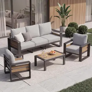 LazySunsets Aluminum Patio Furniture Set 5 Seats, Oversized Outdoor Sectional Sofa with 5.5" Thick Removable Cushions, Patio Conversation Sets with Coffee Table for Backyard, Light Grey
