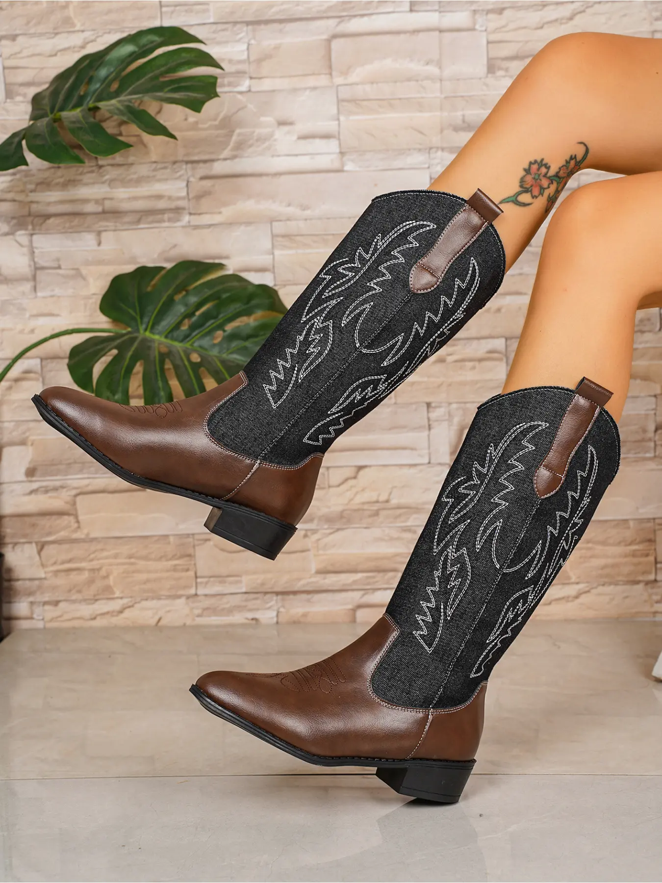 Women's Shoes Classic Western Cowboy Boots Denim Splicing Leather Upper Detailed Embroidery Pull Tab Design Non Slip Sole Casual Party Knee High Western Boots