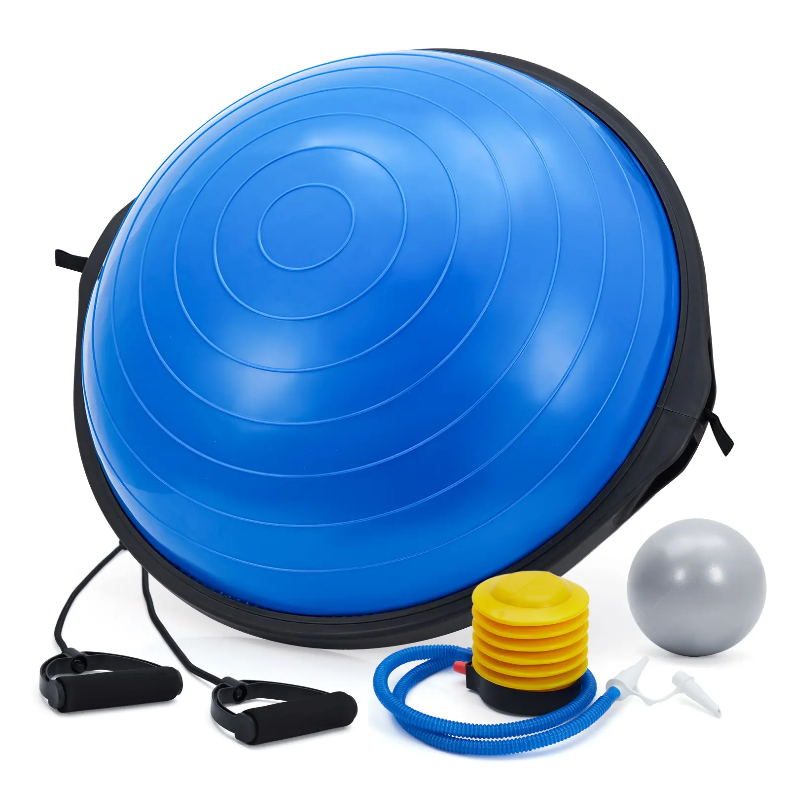 1600lbs Capacity Half Balance Ball Trainer – 25in Inflatable Stability Yoga & Pilates Equipment with Non-Slip Base, Resistance Bands, Pump, Bonus Ball – Core Strength, Home Gym – Blue