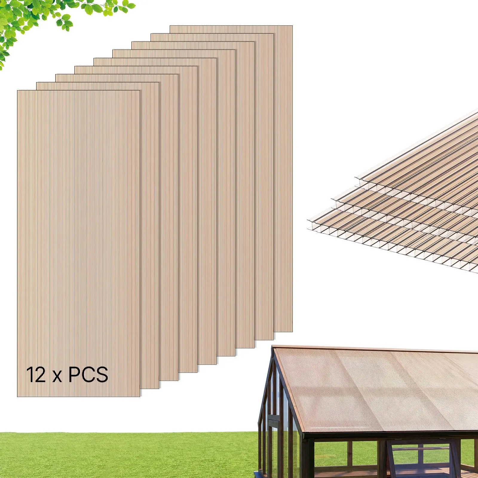 VEVOR 12 Pcs 5ft x 2ft x 0.24in Double-Layer Polycarbonate Corrugated Roof Panels, High-Impact Waterproof Gardening Replacement Cover for Gazebos, Chicken Coops