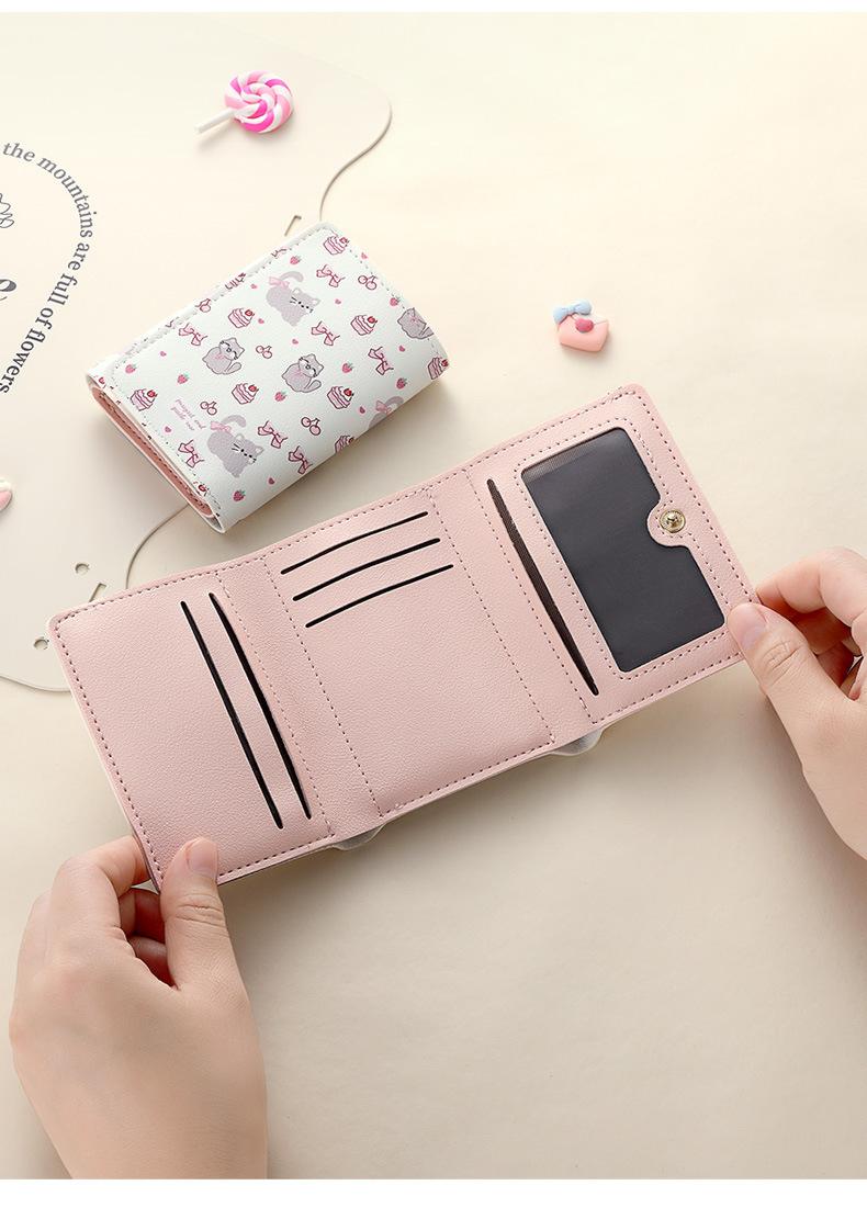 Strawberry Bear Print Wallet for Women Cute 3-Fold Short PU Leather Purse with Card Slots ID Window Portable Coin Purse for Everyday Carry