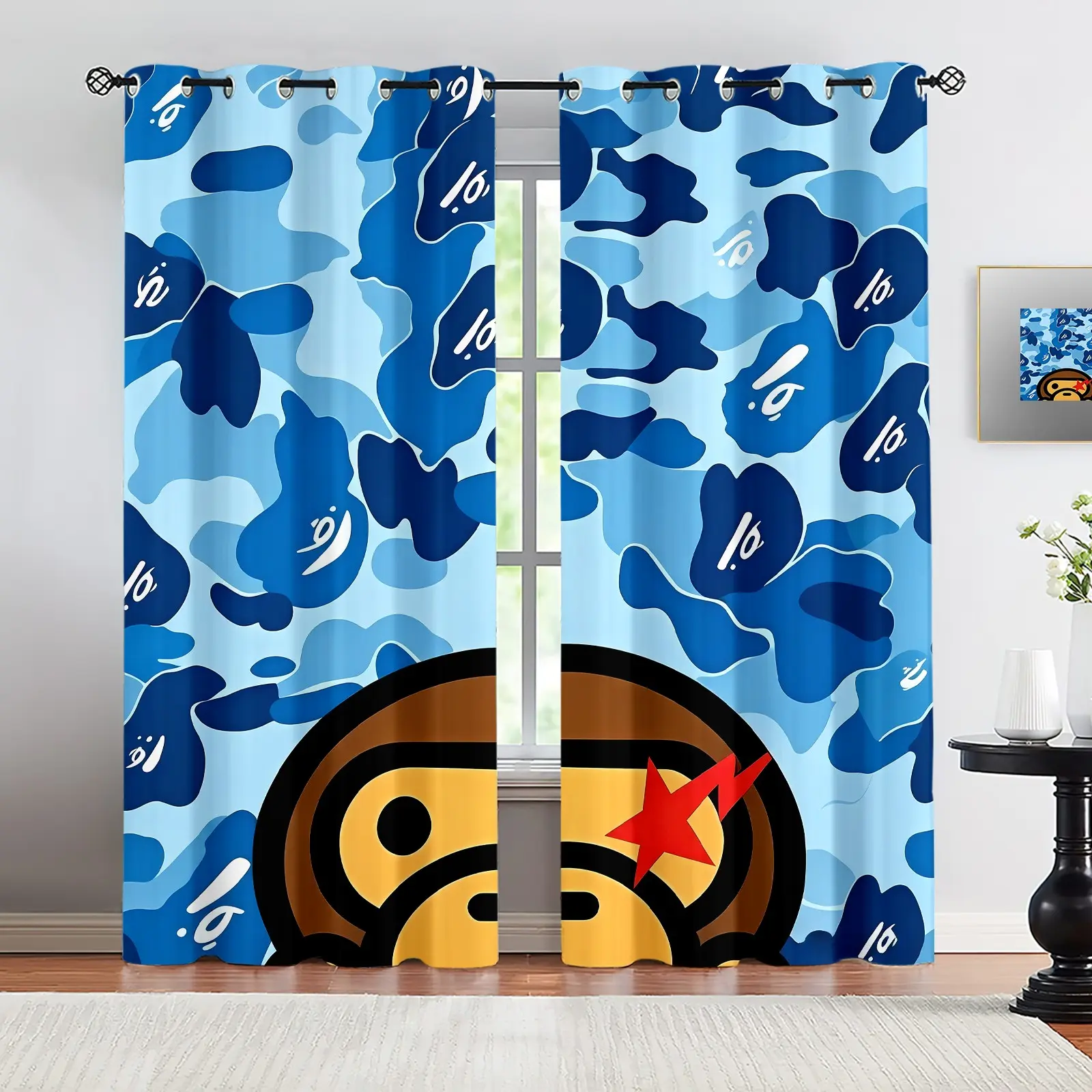 Light Blue Camo Baby Ape Head Red Star Blackout Curtains, Trendy Hypebeast Streetwear Window Drapes, Light Blocking Noise Insulating Decor for Gamer Room Teen Hypebeast Bedroom & Dorm