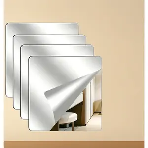 Unbreakable Acrylic Mirrors 4-Piece Set – 10x10 Inch Self-Adhesive Frameless Mirror Tiles, Flexible Plastic Lenses for Kids Bedroom Home Gym Door Decoration