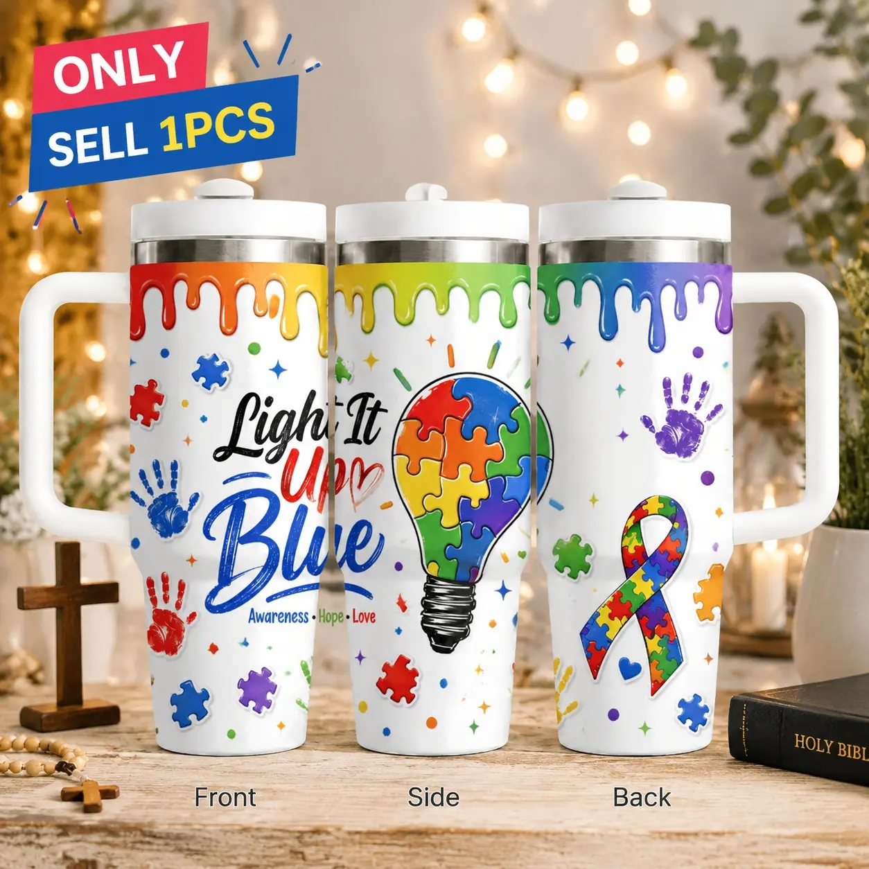 Autism Awareness 40oz Tumbler with Handle and Straw, Colorful Puzzle Ribbon Kids Drawing Stainless Steel Vacuum Insulated Travel Cup, Hope Love Gift Water Bottle, Insulated Vacuum Flasks