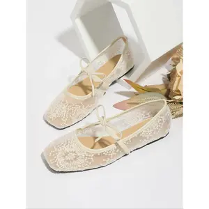 Women's Embroidered Mesh Netted Ballet Flats, Elegant Square-Toe Flat Shoes for Parties and Daily Wear, Lightweight Breathable Comfortable Footwear for Women & Girls, Ballerina Flats Shoes