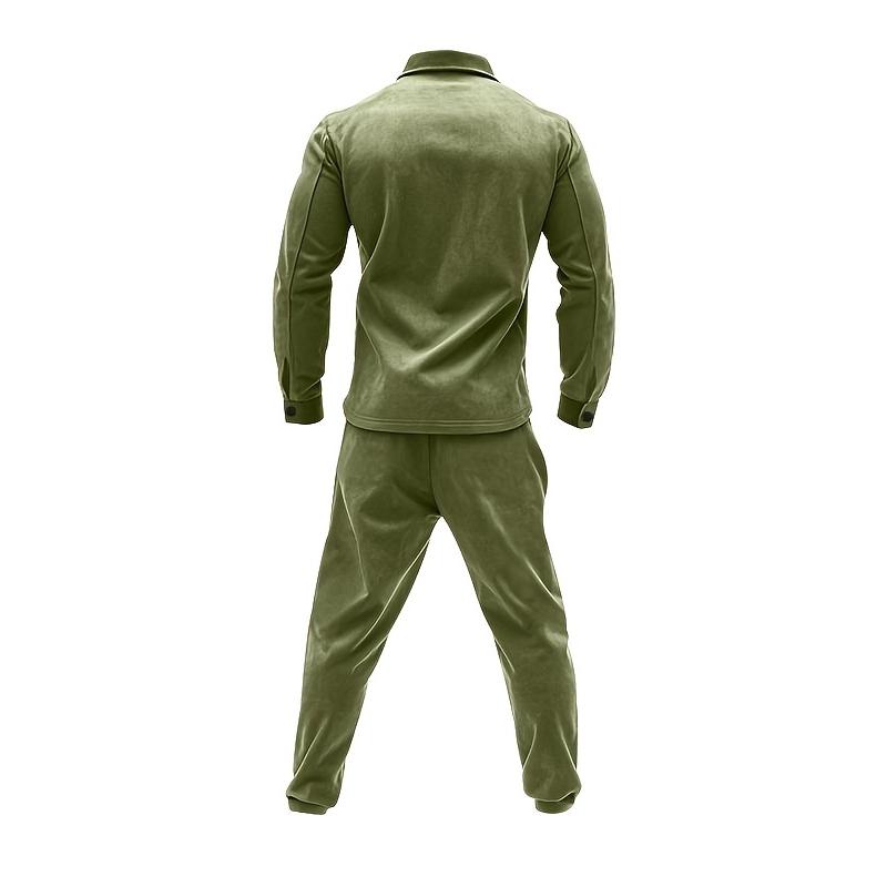 2pcs Men'S Casual Solid Color Sweatsuit Set, Polyester Knit Fabric with Slight Stretch, Regular Fit, with Lapel Collar, Button Details, for Spring/Fall - Fashionable American Style Workwear Jacket and Pants Combo