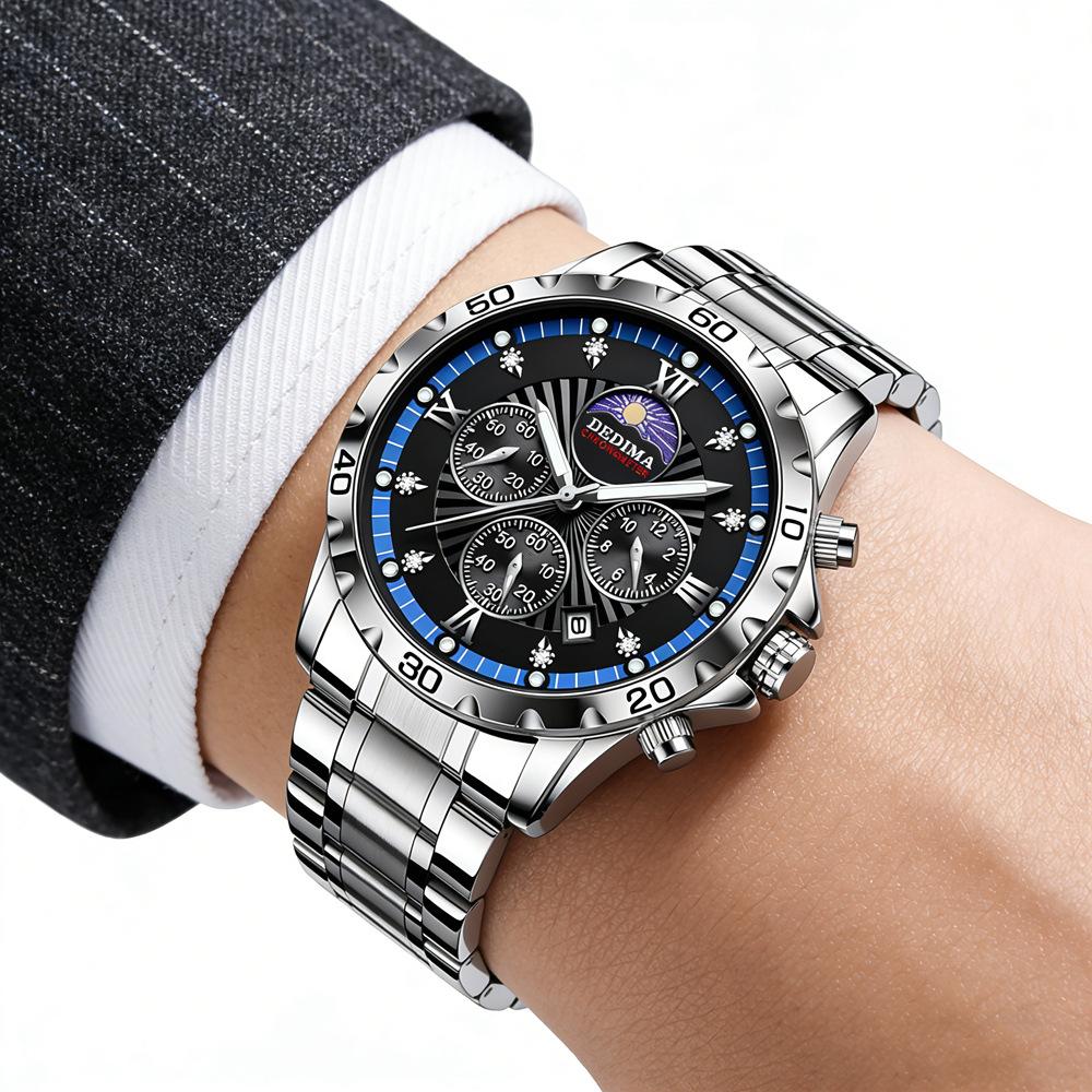 Men's Quartz Watch PE903 Movement 42mm Dial Luminous Display Calendar Moon Phase 30M Waterproof Stainless Steel Strap Business Style Hot-Selling Item