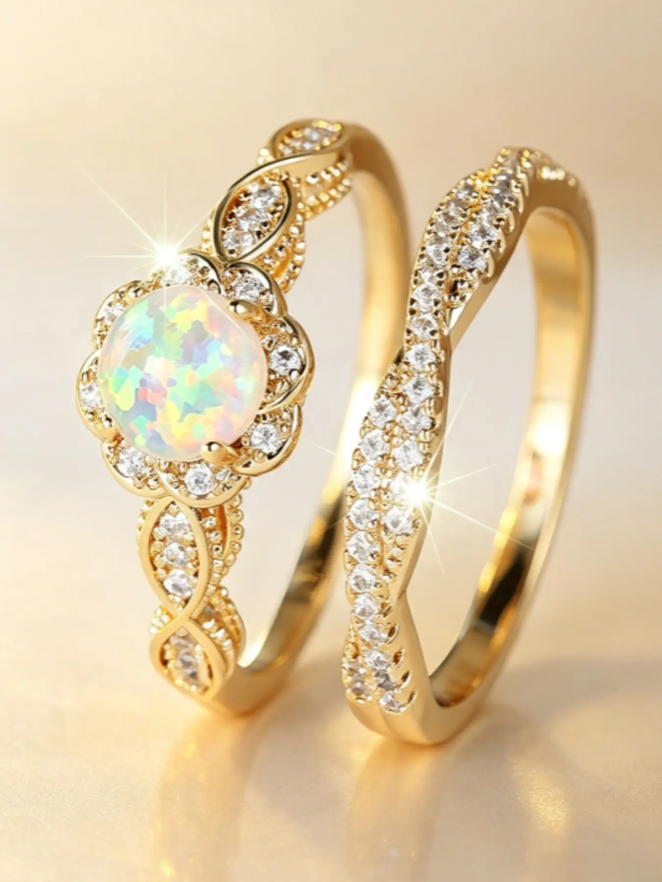 Round Opal Bride Ring Set, Vintage Floral Opal Engagement Ring with Zircon Wedding Rings, Stackable Elegant Jewelry Gift
