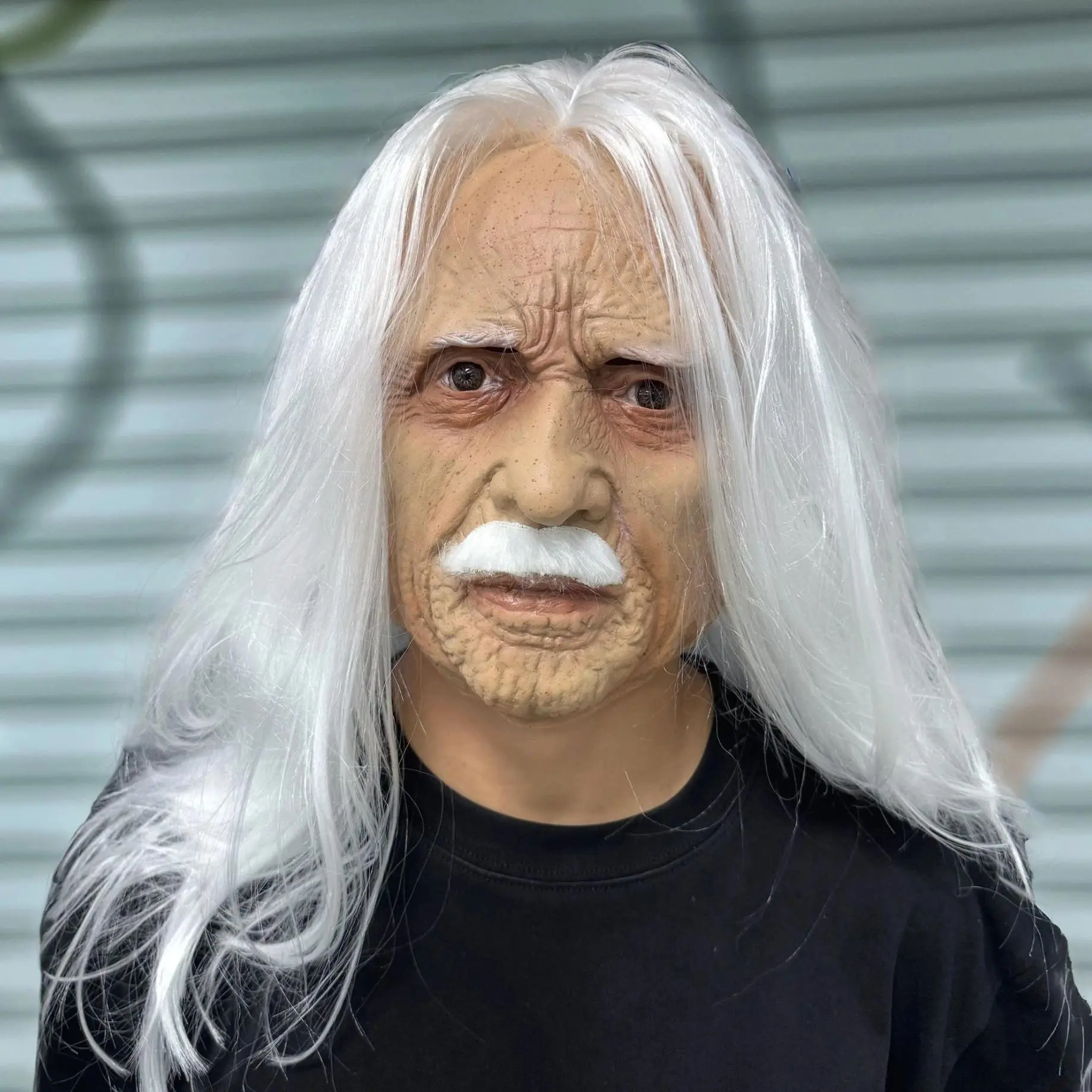 Realistic Old Man Latex Mask with Long White Hair & Mustache – Full Head Cosplay Helmet for Halloween Costume Party Props