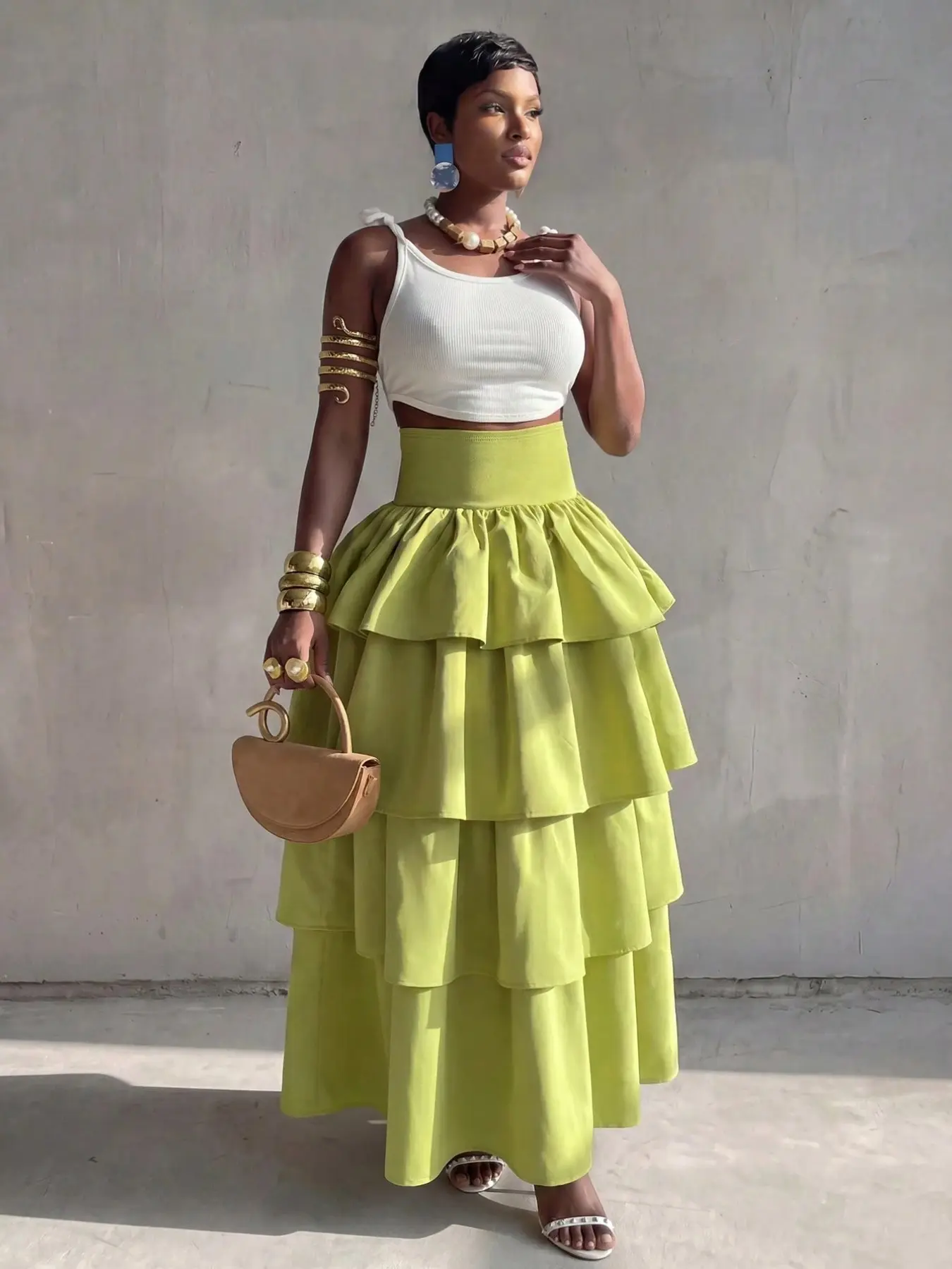 Bamglimmer Women's Olive Maxi Skirt, High-Waisted Ruffle Tiered Design, Elegant Party Wear, Summer French-Style Fashion