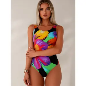 Vibrant Tropical Big Floral Print Women One Piece Swimsuit U Neck High Cut Wide Strap Bathing Suit, Stretchy Tummy Control Slimming Swimwear, Colorful Eye-Catching Curvy Swim Outfit for Beach Pool Party, Trendy Holiday Vacation Hot Spring Swim Suit Availa