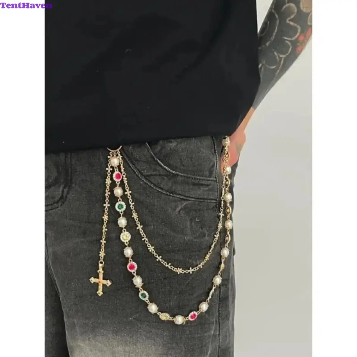 Unisex Cross Chain Pants Accessory - Sports & Outdoor Streetwear Jewelry with Layered Chains, Layered Pearls, Multicolor Crystals, Detachable Clasp for Women's Casual Hip Hop Outfits