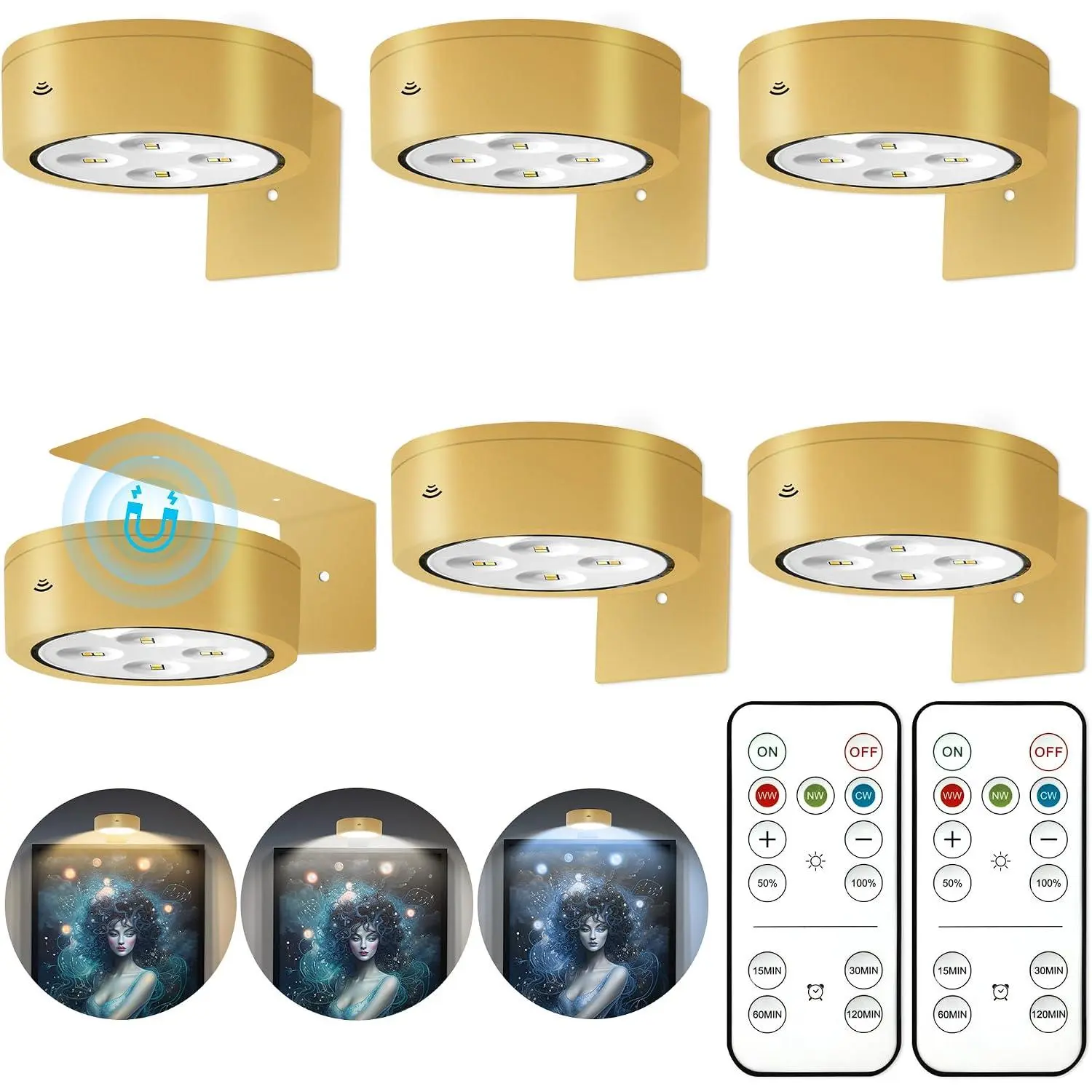 Gold 6Pcs Battery-Operated Magnetic LED Art Light with Remote, Dimmable, Timer & 3 Lighting Modes for Wall Art, Picture Frames, Artwork, Closets, Wireless Picture Frame Puck Lights