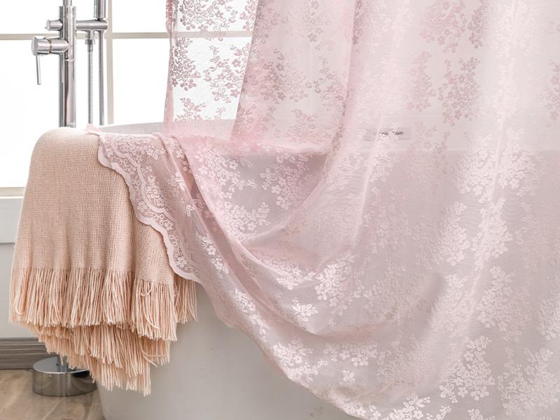 Pink Lace Shower Curtain - Vintage Shower Curtain with Attached Valance, Floral Lace Bath Curtain for Bathroom, Farmhouse Style Shabby Chic Bath Curtain Sc