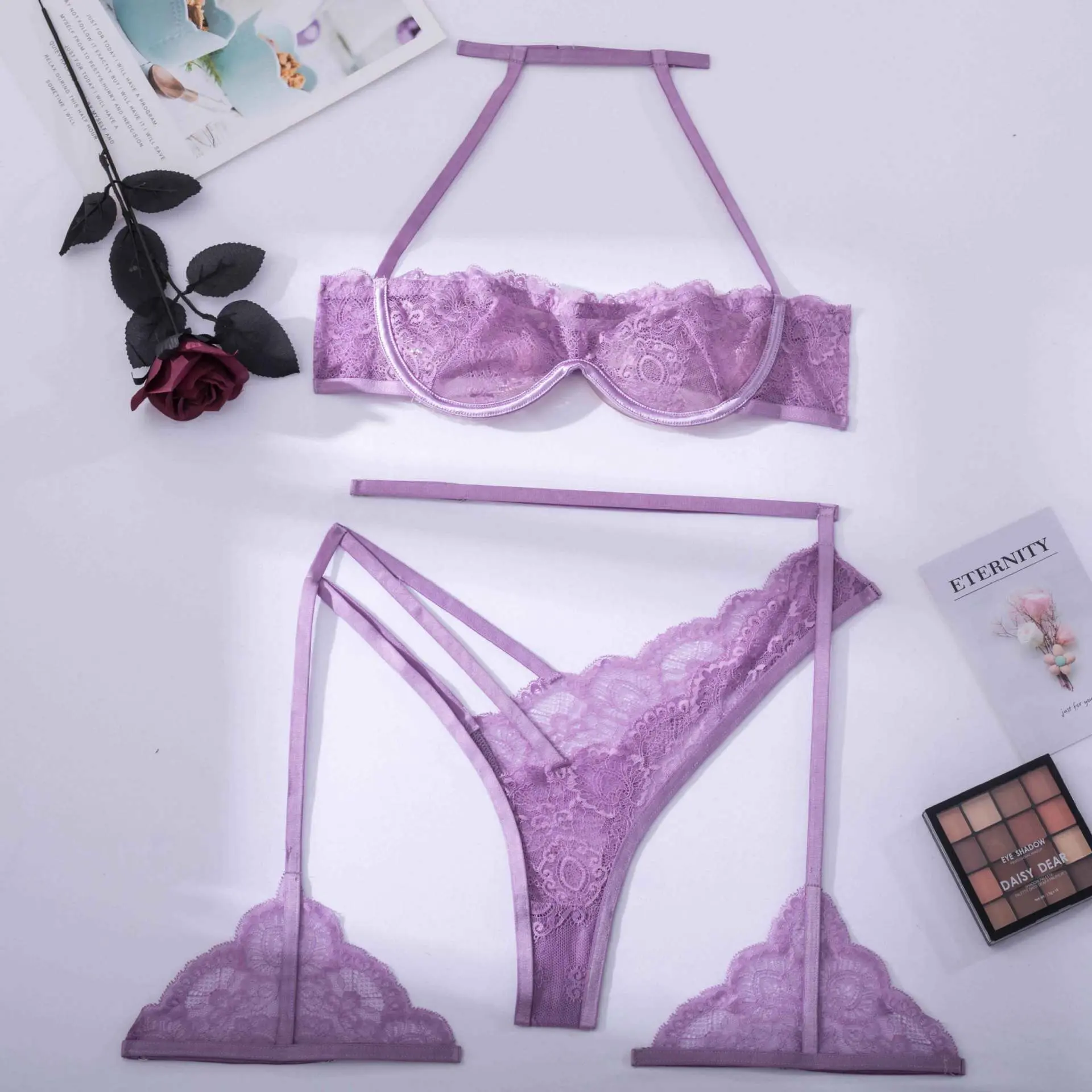 Women's Purple Lace Lingerie Set, Underwire-Style Halter Bra and Strappy Panty with Adjustable Thigh Garter Details