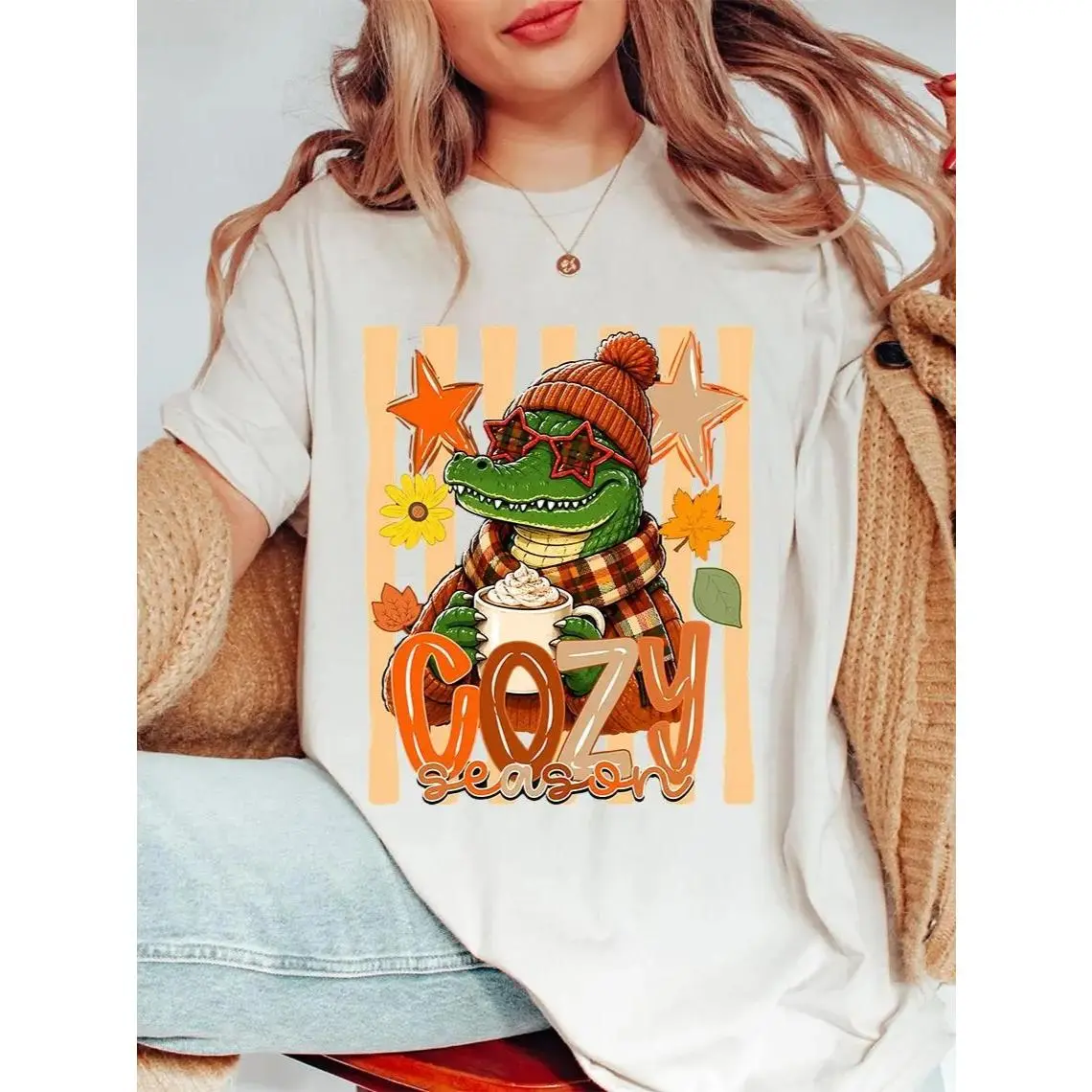 cozy Season Alligator-Print Autumn Shirt – Pumpkin Elements, Autumn Trends