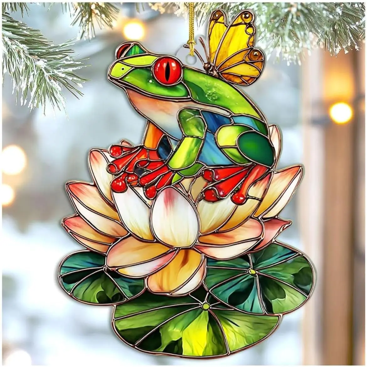 2D Flat Faux Stained Glass Frog Christmas Acrylic Ornament for Christmas Tree, Unique Frog Gifts for Women and Frog Lovers, Perfect for Christmas Gift Exchange Present